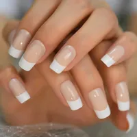 False Nails White French Natural Nude Manicure Square Press On Fake Tips Daily Office Finger Wear With Jelly Sticker TabsFalse