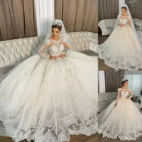 Prinzessin ein Linie Ballkleid Brautkleider 2023 Dubai Juwel Hals Langarm Voller Spitzen Applikationen Perlen geschwollene Brautkleider