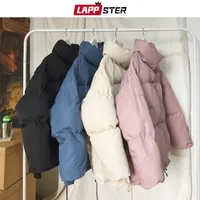 Lappster 남자 단단한 두꺼운 겨울 화려한 거품 코트 한국 패션 포켓 포켓 복어 재킷 코트 여자 베이지 색 파카 ​​재킷 220822