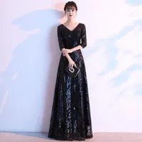 Vestidos casuais Mulheres vestido de festa formal lantejas pretas feminina chinês qipao perspectiva sexy