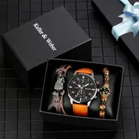 Montre-bracelets Men Luxury Watch Set Gift Set Fashion Brown Quartz Watches Bracelet for Original Creative Gifts Box ￠ mari Relogio Masculino