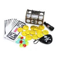 Nautical Cove Plastics Pirate Treasure Chest Box with Colored Jewels -Plastic Gems-Props Money Gold Coins Telescope Wholesale for Halloween Party