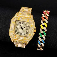 Other Watches Luxury Fashion Rhintone Watch and Bracelet Women Men Hiphop Cuban Link Bracelets Simple Dign Gold Sier Color Jewelry Gifts