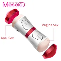 Sex Toy Massager Vibrator Meselo Double Holes Male Masturbator Realistic Vagina Anal Toys for Men Handsfree Removable Sucker Penis Trainer Y201118