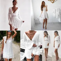 16 färger designer kvinnor vita spetsklänningar 2021 vårens sommar ärmlös sexig ihålig ut broderi casual kväll festklänning lady ces321j