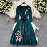 Vestidos casuais gagaok maxi for women primavera outono de bordado floral de bordado midi elegante moda chic vestidos 220827