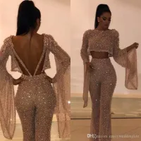 Sparkly Sequins Two Piece Evening Dresses Jumpsuit Designer Backless Long Sleeves Floor Length Prom Gown Formal Wear 2022 Plus Siz1542888
