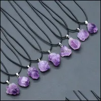 ペンダントネックレスIrregar Natural Amethyst Rough Stone Pendant Purple Druzy Druze Charms Charms Black Rope Chain Necklace for Women Men Drow Dhgdf