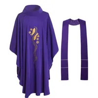 Heilige religie kostuums voor geestelijk paarse kerkpriester katholieke chasuble w roll kraag vis geborduurde gewaden 3 stijlen231c