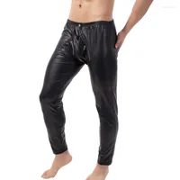 Pantalones para hombres para hombres aspecto húmedo de cuero falso gótico largo joggers casual pup frontal pura abierta pantalones flacos club de baile ropa de baile