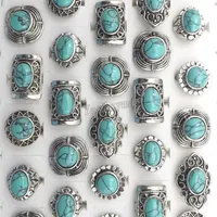 Gloednieuwe vintage turquoise stenen ringen gemengd ontwerp verstelbare antieke tibetaanse zilveren ringen 50 stks hele256W