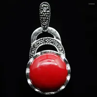 Catene vintage 925 sterling argent corail rouge marcassite collier pendentif 40 x 20 mm