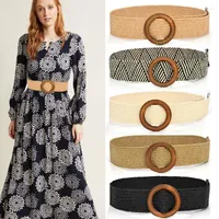 Belts For Women Vintage Boho Braided Waist Belt Female Round Wooden Smooth Buckle Summer Dress Korean Fashion Strap