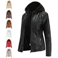 Women's Jackets Spring And Autumn Women's Hooded Jacket Fashion Two-piece The Hat Is Removable PU Washed Leather Coat S-4XL
