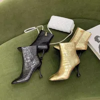Новый аллигатор рисунок золотые сапоги на высоких каблуках женская боковая молния кожа глянцевая поверхность Martin Fashion Boots Luxury Designer обувь