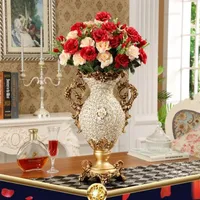 Europäischer Palast Luxus Diamant Großharz Vase Figuren Heimdekoration Handwerk El Retro künstliche Blumenarrangement Art3210