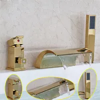 Luxe gouden messing waterval badkuip mixer kraan dekbevestiging wijdverbreide badkamer tub vulstof enkele handgreep met handshower2465