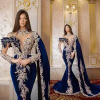 New Year&#039;s Velvet Royal Blue Mermaid Evening Dresses Beads Long Sleeves High Neck Birthday Party Prom Gowns with Shawl Custom Made