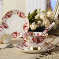 Bone China Tea Cup Coffee Cup Set met schotel en lepel voor thuisrestaurants Toon vakantiegeschenk voor familie of vrienden224E