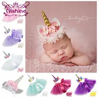 Nishine 0-2 Years Newborn Unicorn Horn Headbands Silk Bow Tutu Dress With Sandles Sets Kids Baby Po Shoot Children Birthday Gift284Z