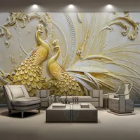 Dropship Custom Mural Wallpaper For Walls 3D Stereoscopic Embossed Golden Peacock Background Wall Painting Living Room Bedroom Home Dec175U
