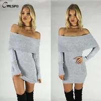 Whole-2016 Autumn Popular Sweater dress Women Solid Pullover Slash Neck Off Shoulder Sexy Fashion Women Kintting pull femme QL2653294y