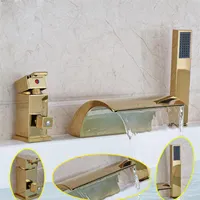 Luxe gouden messing waterval badkuip mixer kraan dekbevestiging wijdverbreide badkamer tub vulmiddel enkele handvat met handshower293o