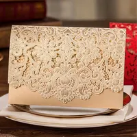 100st Gold Horizontal Laser Cut Wedding Invitations Cards Kit med ih￥liga flora gynnar Pearl Paper Cardstock f￶r anpassningsbara198Z