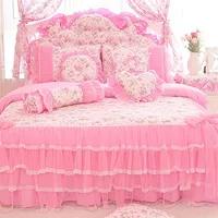 Korean style pink Lace bedspread bedding set king queen size 4pcs Rose Print princess duvet cover bed skirts bedclothes cotton home tex212f