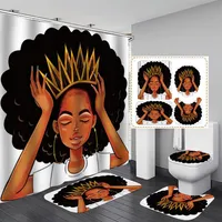 Amerikanska kvinnor med Crown Shower Curtain Afro Africa Girl Queen Princess Bath Gardiner med mattor Toalettstol Cover Set290x