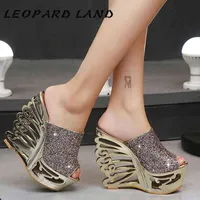 Отсуть обувь леопарда земли Золото Super High High Heels Sexy Peep Toe Platform Толкое клиновое гетероморфное каблук Ctistal Sandal Zyw 7dka