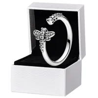 Sparkling Dragonfly Open Ring Autentic 925 Sterling Silver Women Girls Wedding Designer Jewelry for Pandora CZ Diamond Rings with Original Box Set