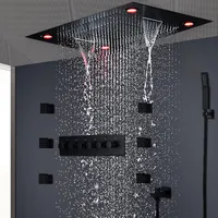현대의 매트 블랙 샤워 세트 은폐 된 천장 마사지 대형 레인 폭포 샤워 패널 헤드 온도 조절 고 유량 샤워 257U