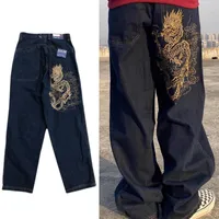 Men's Jeans Vintage Embroidered Dragon Print Mens Oversized Y2K Pants Hip Hop Streetwear Wide Leg Skateboard Holes Loose T7SH