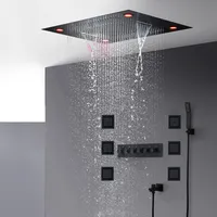 バスルームブラックシャワーセットラグジュアリーサーモスタチック蛇口モダンな大型導入天井滝降雨シャワーヘッド600x800mmボディマッサージJET246z