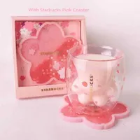 Limited Edition Starbucks Cute Cat Foot Mugs with Quicksand Coaster Cat-claw Coffee Mug Sakura 6oz Pink Double Wall Glass Cups239q