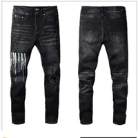 Designer jeans jeans elastici alti elastici in difficoltà con motociclette motociclette strappate in difficoltà per gli uomini pantaloni neri della moda#030#030