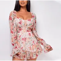 Casual Dresses CHRONSTYLE Summer Women Jumpsuits Long Sleeve Lace Up Ruffles Floral Print Rompers Female Playsuits 2022 Square Collar