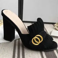 Classic designer women Half slippers cowhide 100% leather Suede Thick heels Metal Slides woman shoe beach Lazy Sandals High heeled309S