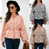 V￪tements de polos pour femmes 2022 Fashion Fashion Spring Automne Style Murffon Tops Zebra Print Buttons Lace Up Elegant Chic Long Long Sheve Shirts