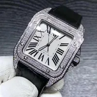 2020 New Style Automatic Movement Square 100 Watch Men Full Diamond White Dial Band Leather Band Real Watch Delivery256i