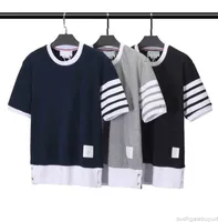 패션 브랜드 TB 남자 티셔츠 여름 고품질 면화 목 넥 클래식 네 마리 스트라이프 캐주얼 유니니스 렉스 느슨한 다목적 짧은 슬리브 탑