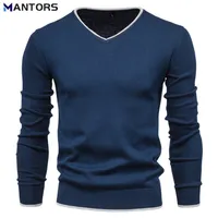 Suéteres de hombre Mantors primavera suéter de hombre otoño color sólido de algodón de algodón manga larga v cuello hombres jarras