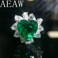 Solitaire Ring Wedding Rings AEAW 5ct AAA Lab Created Colombian Emerald Heart Emgagement Ring Real Solid 14k White Gold with Pear Moissanite for Women