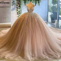 Dusty Pink Princess Ball Gown Prom Dresses Sweetheart Gorgeous Lace Appliqued Puff Tulle Long Pageant Evening Gowns Arabic Women Formal Occasion Wear CL1033