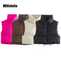 Willshela 여성 패션 하이 목 자른 웨이스트 코트 조끼 캐주얼 여성 소매 여자 소매 재킷 세련된 숙녀 겨울 따뜻한 의상 211230219a