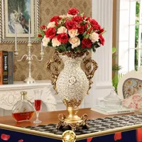 Europäischer Palast Luxus Diamant Großer Harz Vase Figuren Heimdekoration Handwerk El Retro künstliche Blumenarrangement Art225e