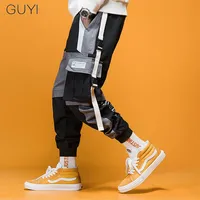 Guyi Patchwork Pockets Cargo Calças Homem Men White Rib Tactical Troushers Machine Fashion Casual Off Hip Hop Streetwear