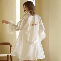 Moda -sono feminina Kimono Bride Damaid Robe Loungewearwear Bathrobe Robe Feather Mulheres Bordado Carta
