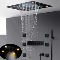 Luxury Most Complete Matt Black Shower Set Concealed Ceiling Large Rainfall LED Showerhead Waterfall Misty Thermostatic Bath System188F